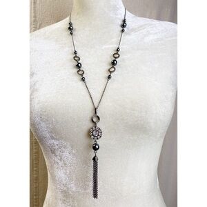 Lia Sophia Flapper Hematite Beaded Rhinestone Tassel Gunmetal Long Necklace